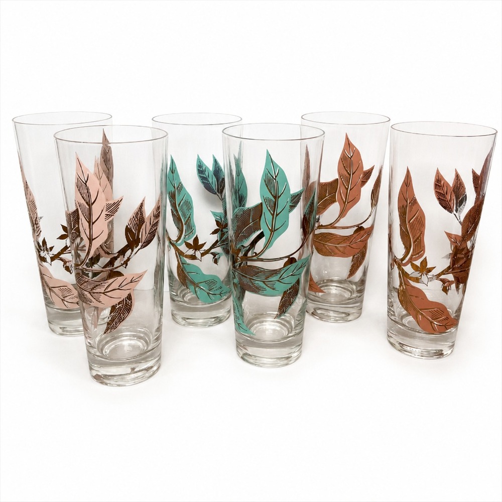 VTG Georgian China Canadian Wheat Tumblers Set 6 Pink Aqua Tan MCM